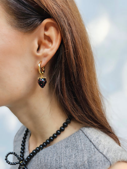 Black Strawberry Dangle Hoop Earrings PE005-0