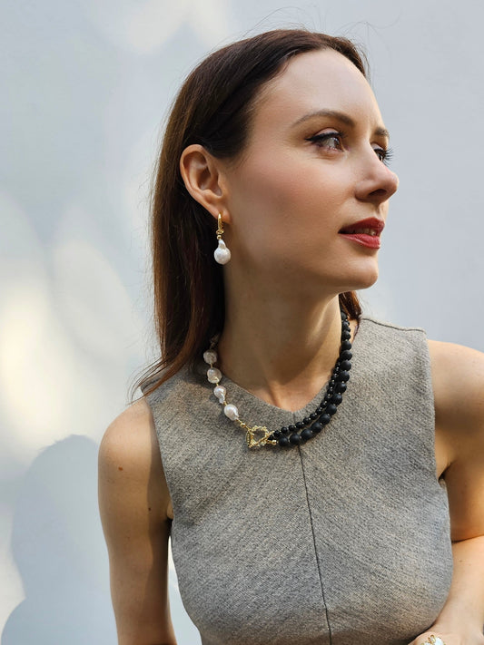 Black Obsidian And White Baroque Pearls Necklace PN003-0