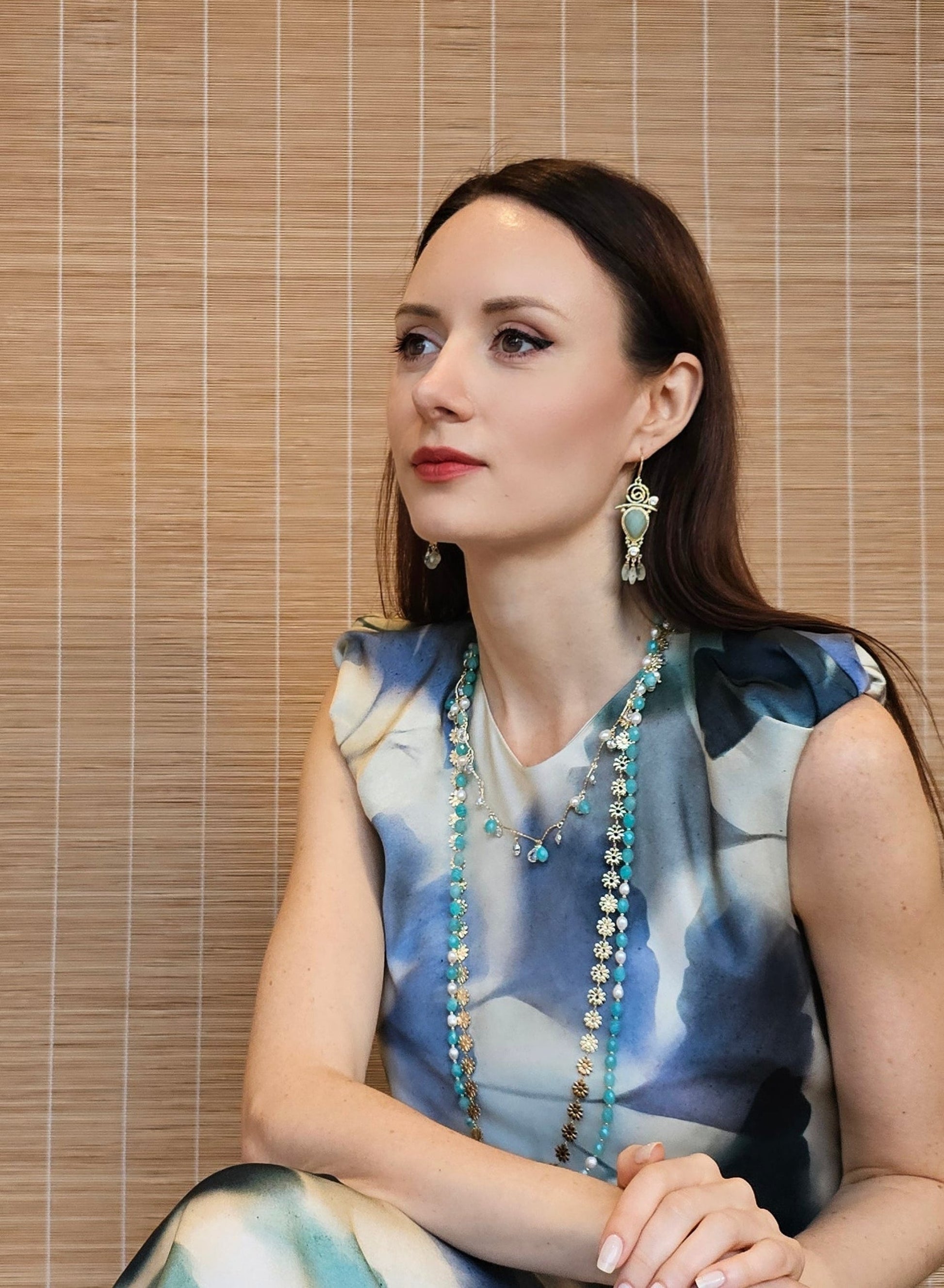 Amazonite With Flower Chain Double Layers Necklace PN016-1