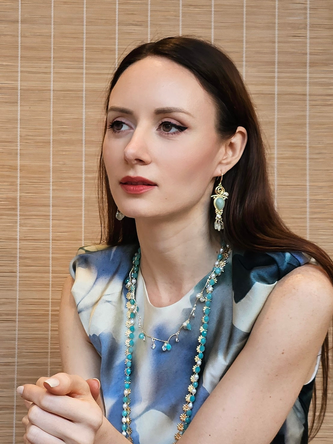 Amazonite With Flower Chain Double Layers Necklace PN016-3