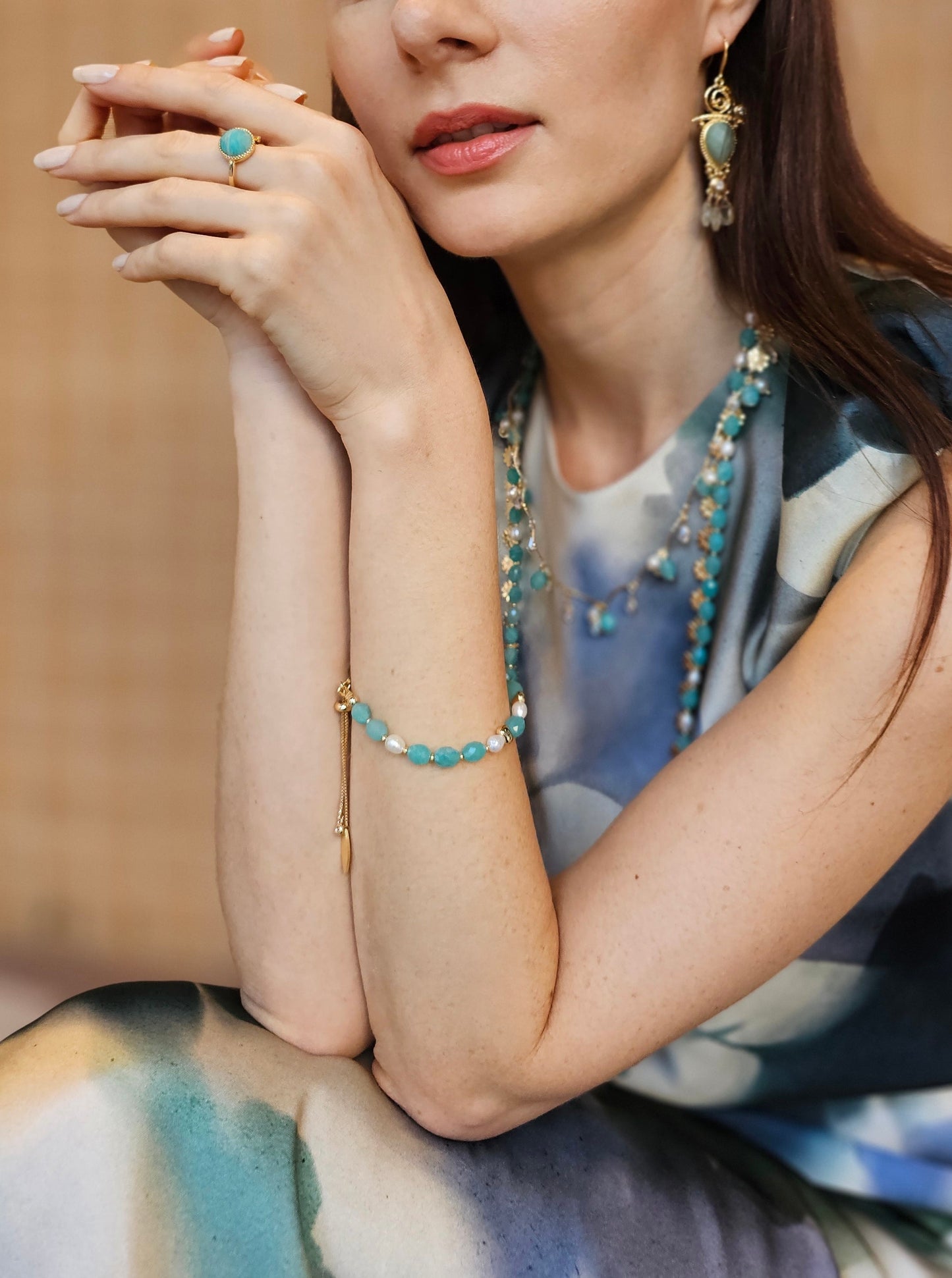 Amazonite With Freshwater Pearls Adjustable Bracelet PB007-4