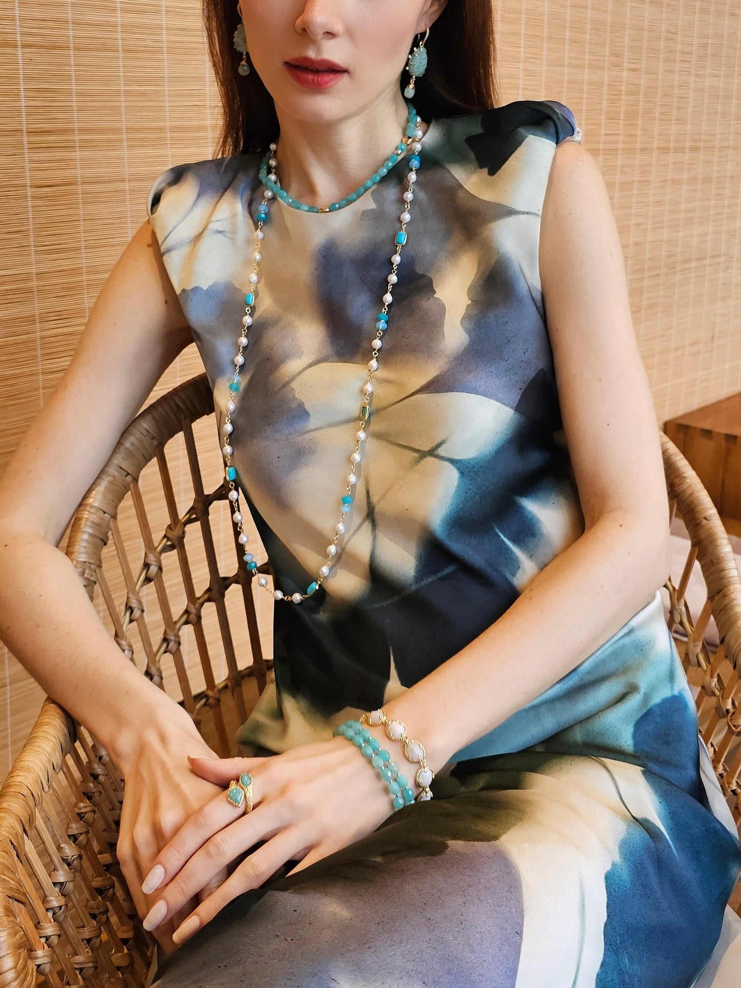 Freshwater Pearls With Turquoise Long Necklace PN018-1