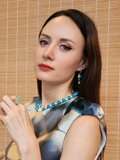 Blue Turquoise With Teardrop Moonstone Dangle Comfortable Earrings PE015-3