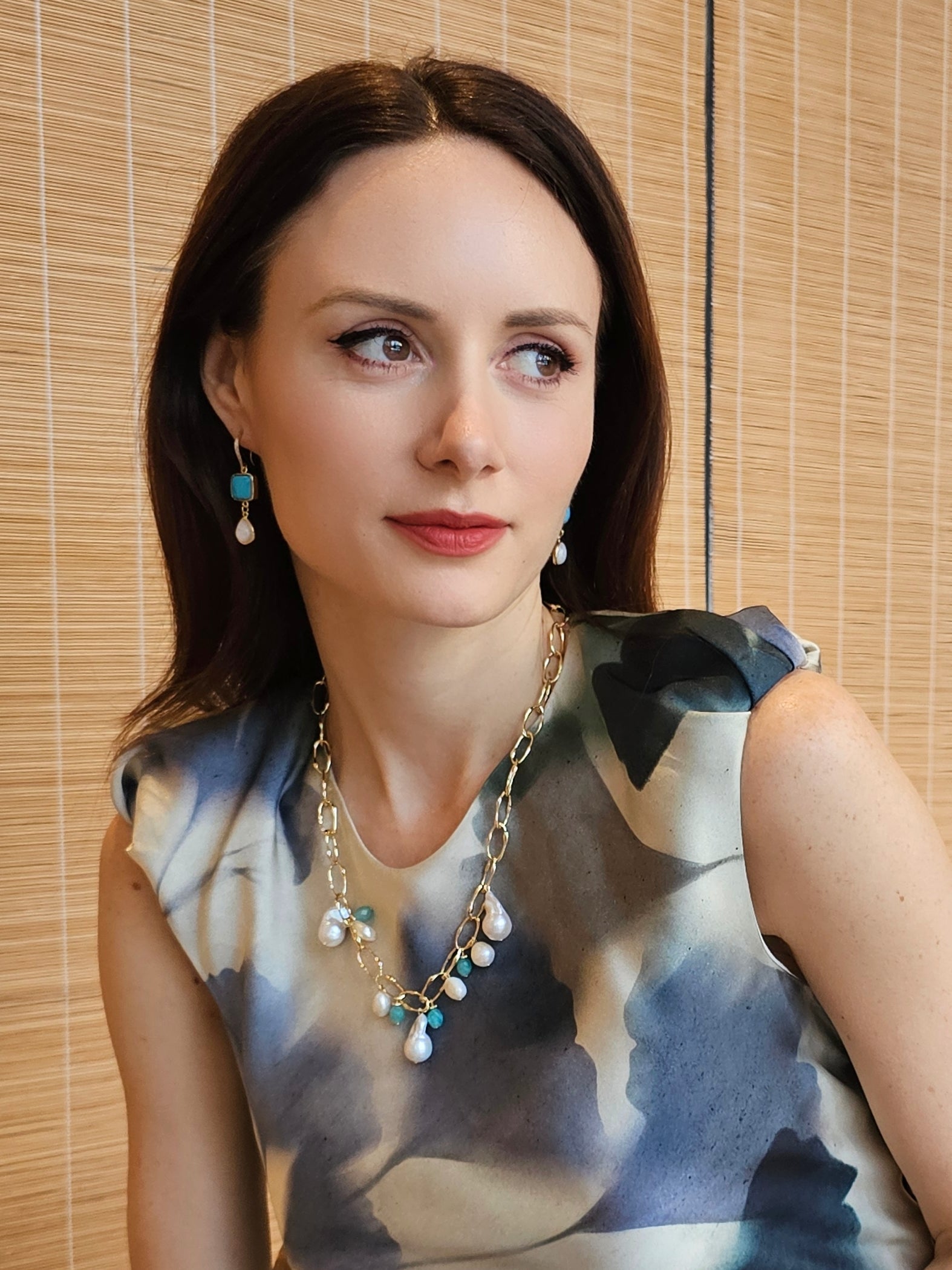 Blue Turquoise With Teardrop Moonstone Dangle Comfortable Earrings PE015-2