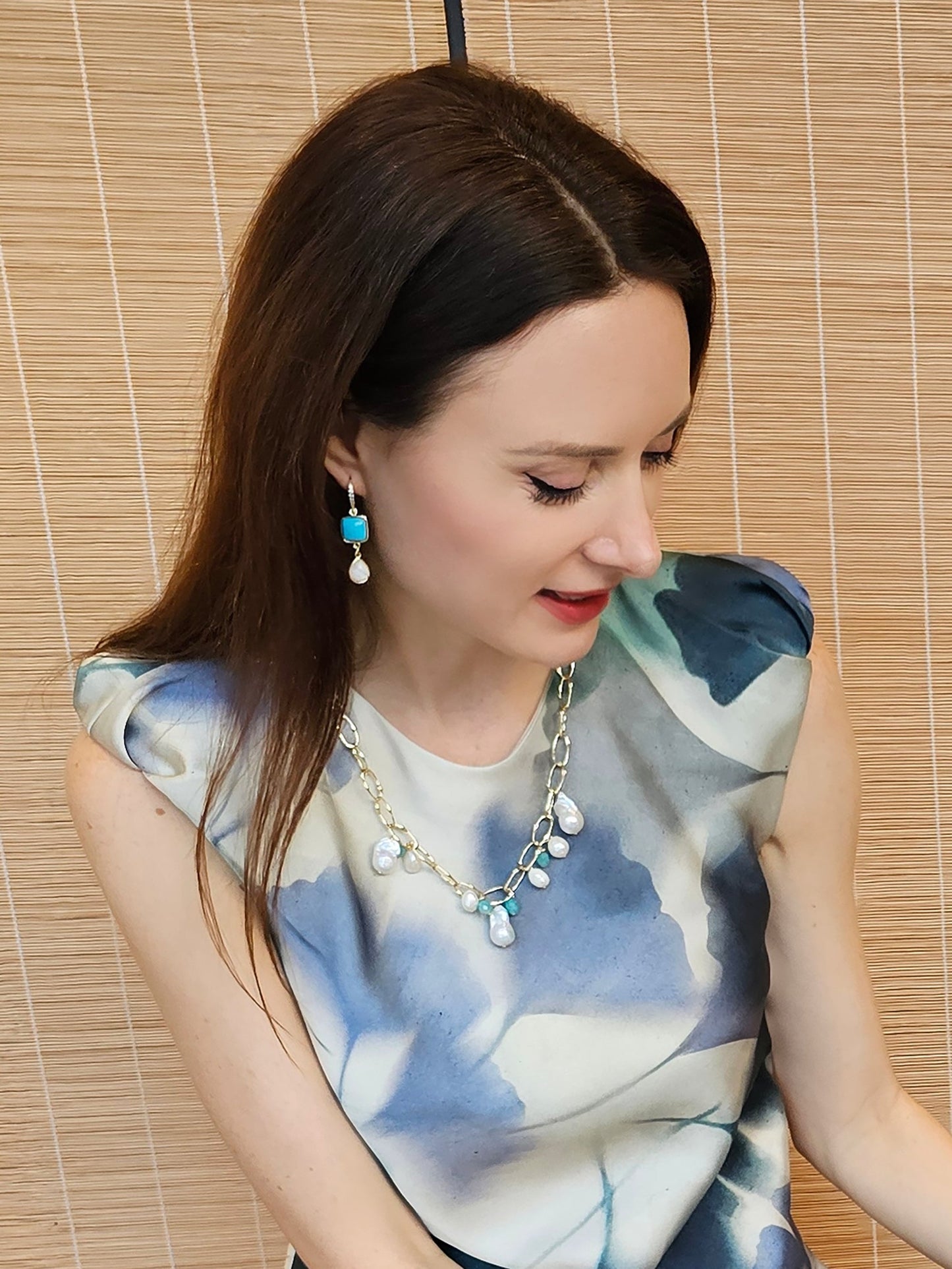 Blue Turquoise With Teardrop Moonstone Dangle Comfortable Earrings PE015-1