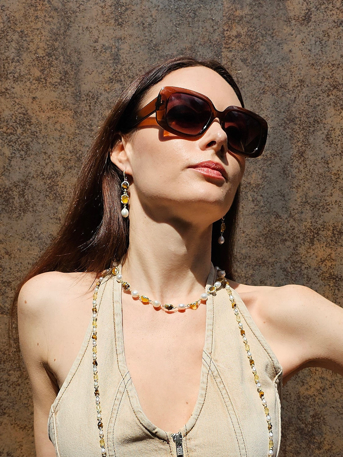 Irregular Freshwater Pearls With Yellow Quartz And Tiger-eye Stone Necklace PN055-3