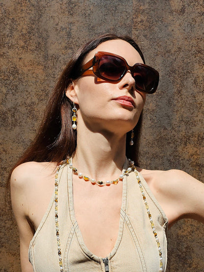 Irregular Freshwater Pearls With Yellow Quartz And Tiger-eye Stone Necklace PN055-3