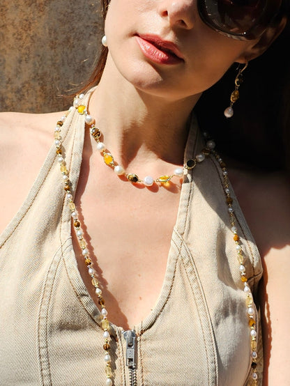 Irregular Freshwater Pearls With Yellow Quartz And Tiger-eye Stone Necklace PN055-1