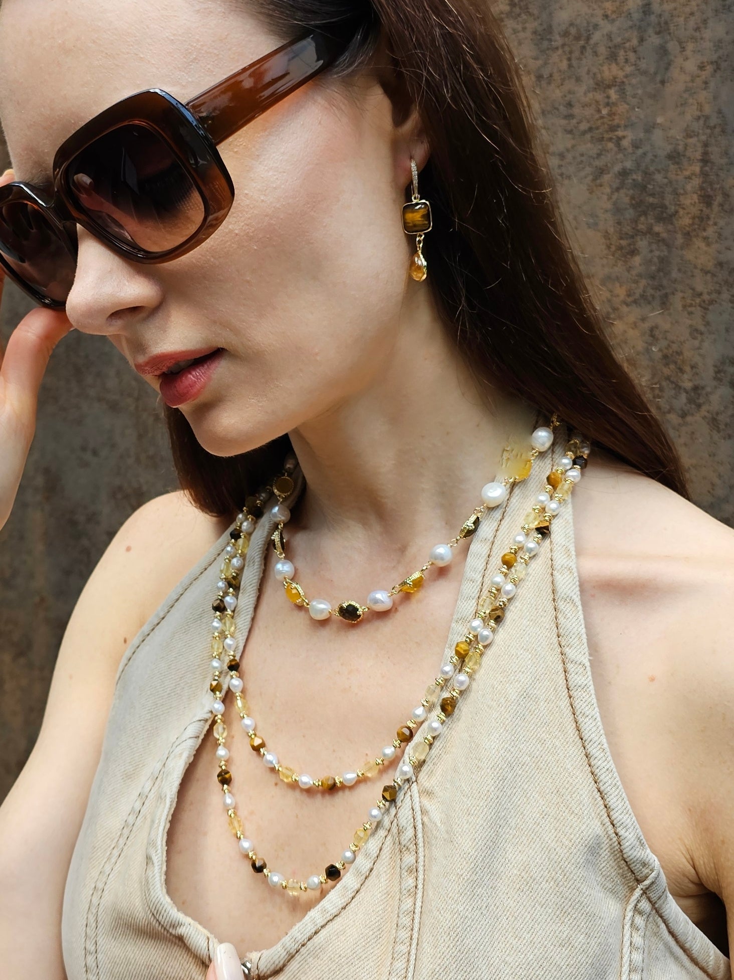 Brown Tiger-eye And Yellow Citrine With Freshwater Pearls Long Necklace PN058-3