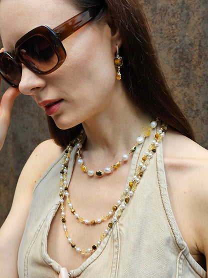 Brown Tiger-eye And Yellow Citrine With Freshwater Pearls Long Necklace PN058-3