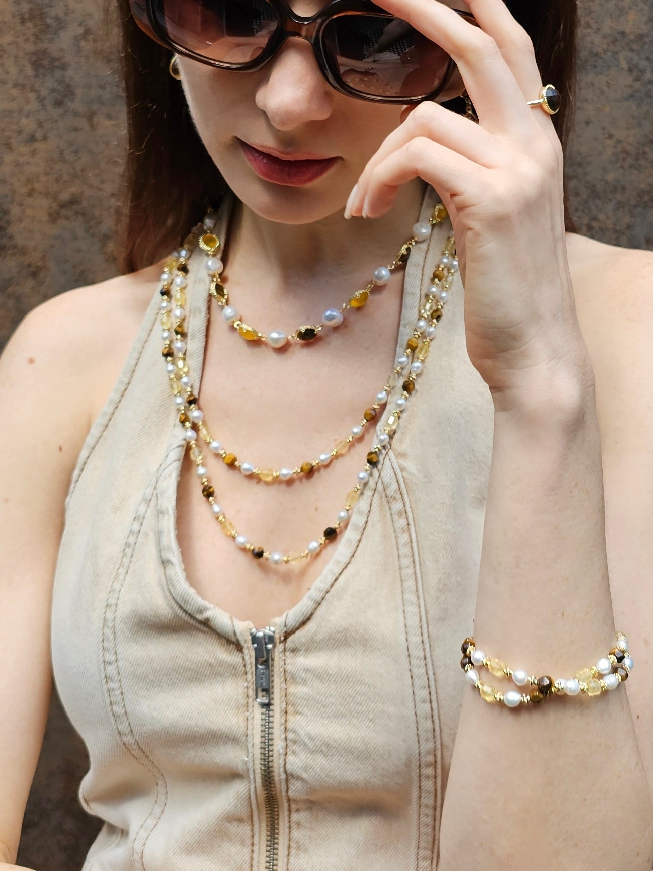 Citrine And Brown Tiger-eye With Freshwater Pearls Double Layers Bracelet PB023-4