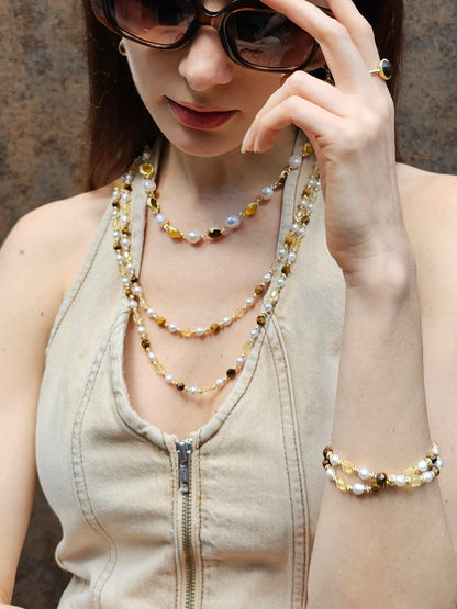 Citrine And Brown Tiger-eye With Freshwater Pearls Double Layers Bracelet PB023-4