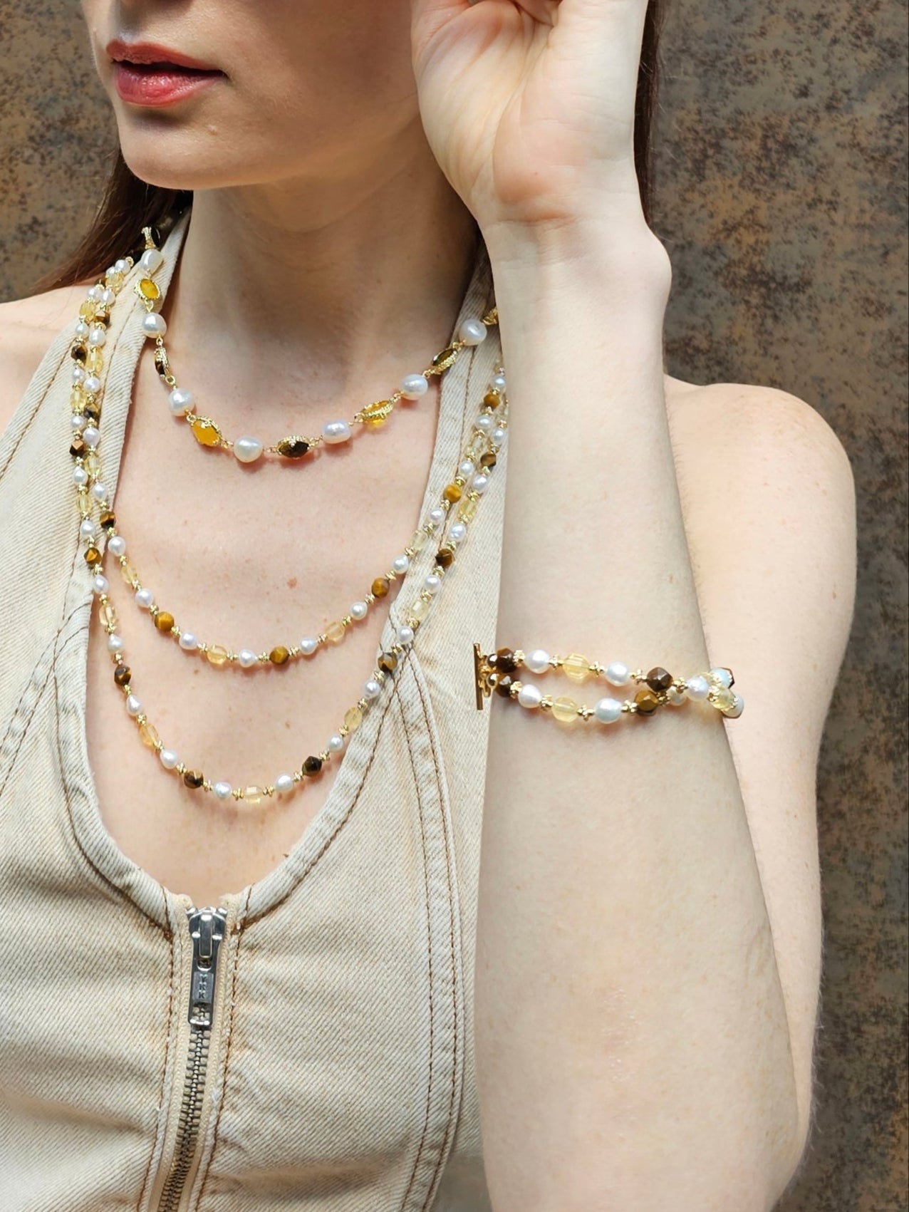 Citrine And Brown Tiger-eye With Freshwater Pearls Double Layers Bracelet PB023-1