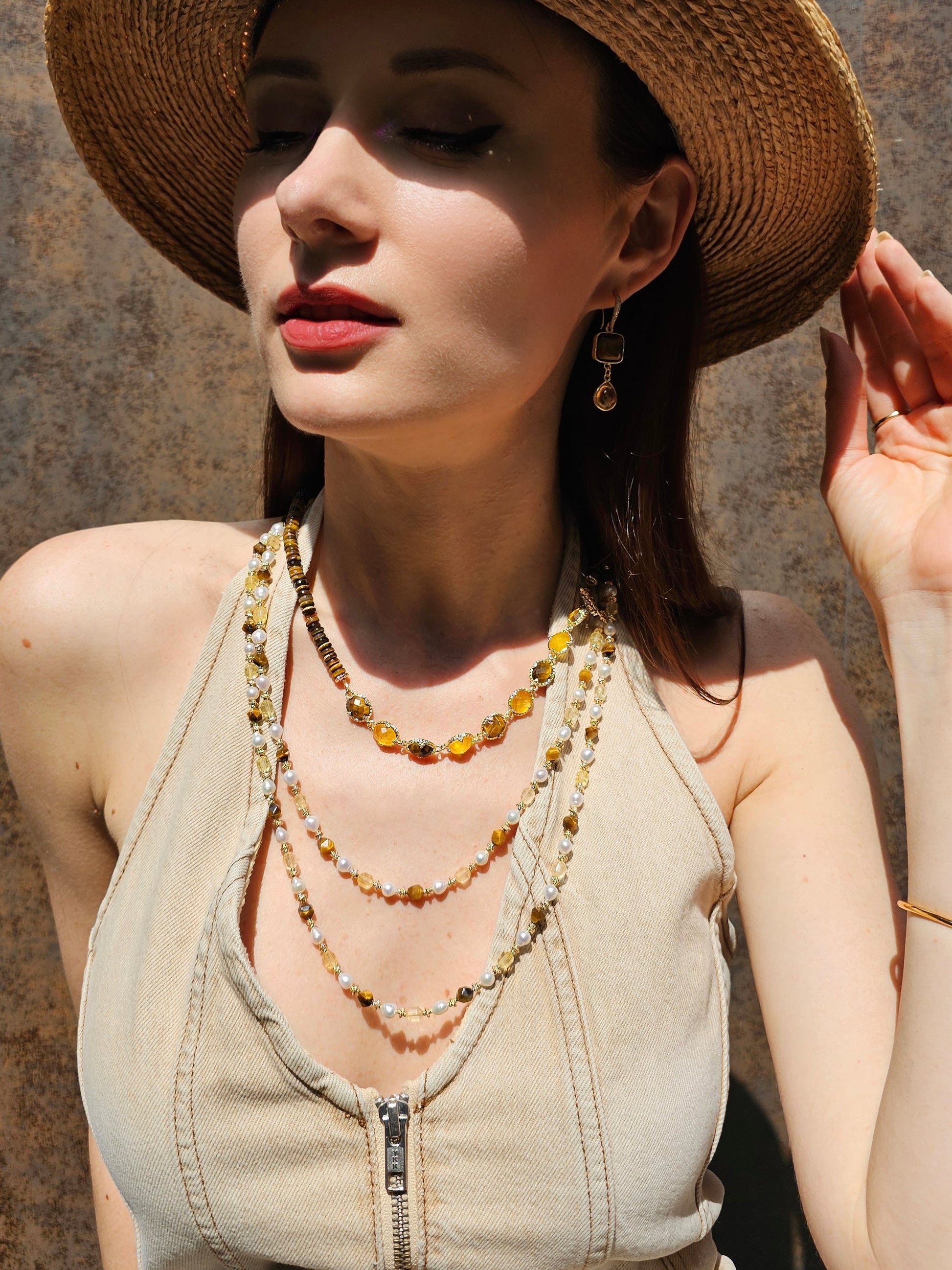 Brown Tiger-eye And Yellow Citrine With Freshwater Pearls Long Necklace PN058-0