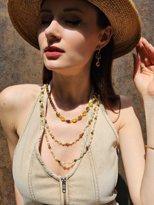 Brown Tiger-eye And Yellow Citrine With Freshwater Pearls Long Necklace PN058-0