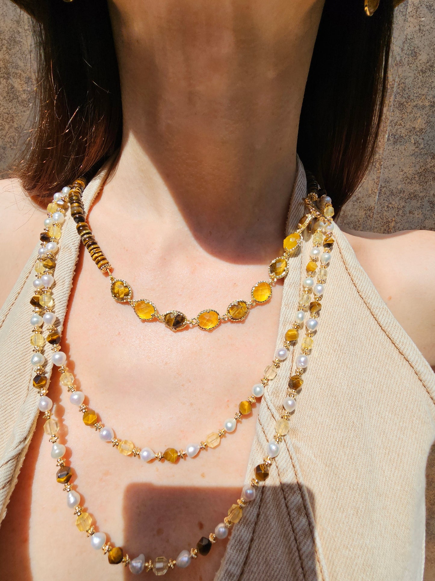 Brown Tiger-eye With Citrine Statement Necklace PN054-0