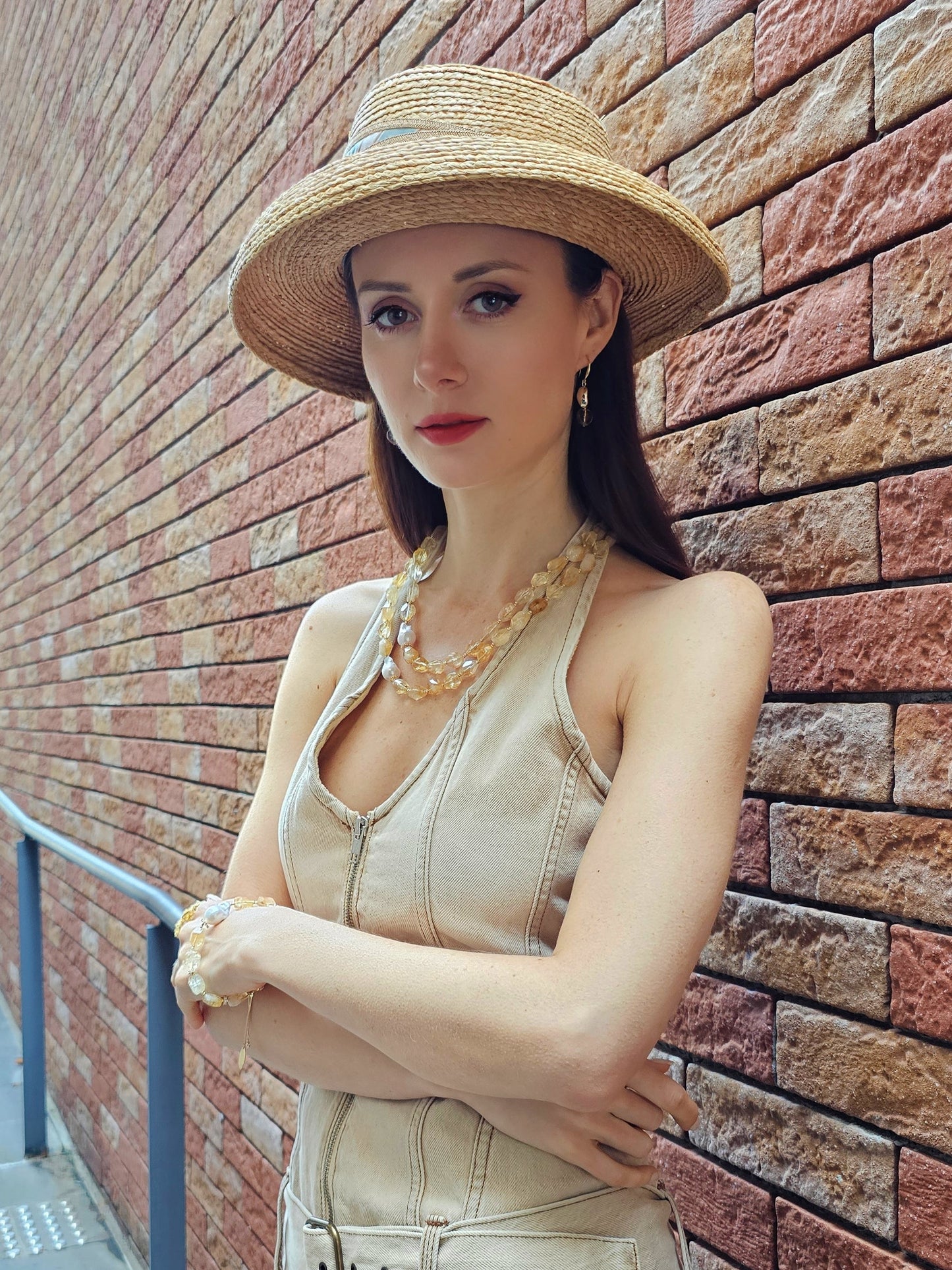 Faceted Citrine With Baroque Pearls Double Layers Necklace PN053-2