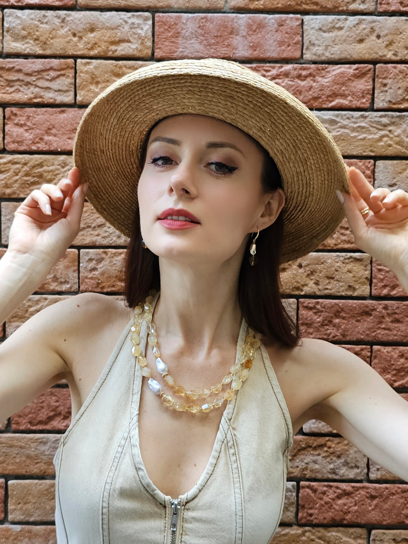 Faceted Citrine With Baroque Pearls Double Layers Necklace PN053-0