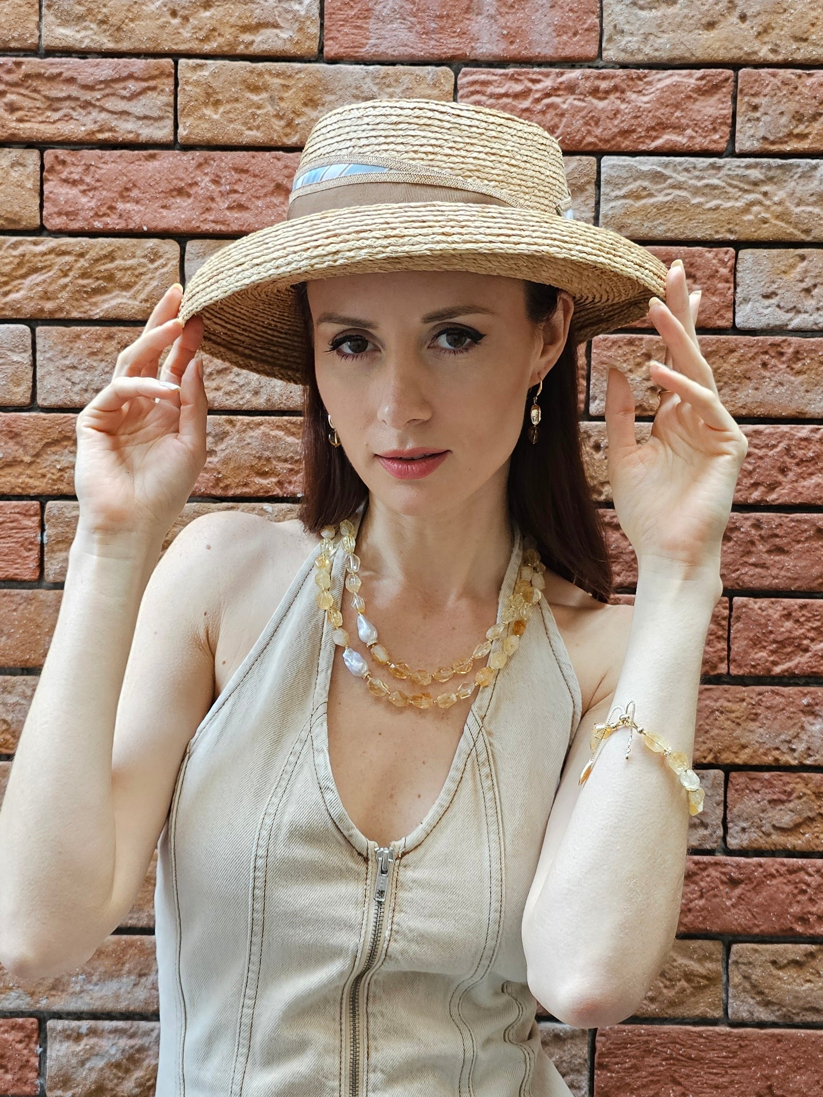 Faceted Citrine With Baroque Pearls Double Layers Necklace PN053-3