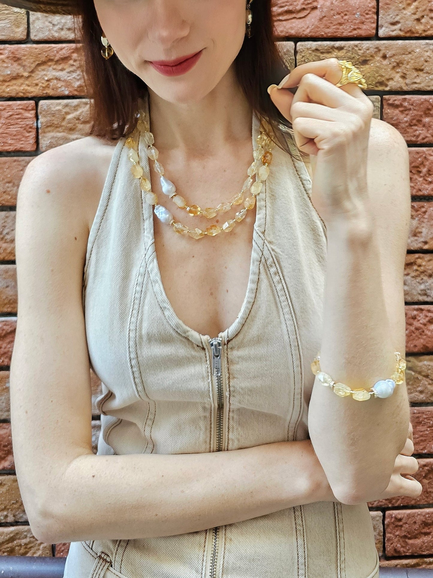 Faceted Citrine With Baroque Pearl Adjustable Bracelet PB024-4