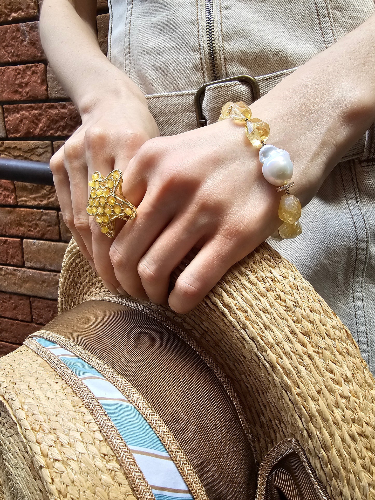 Faceted Citrine With Baroque Pearl Adjustable Bracelet PB024-1