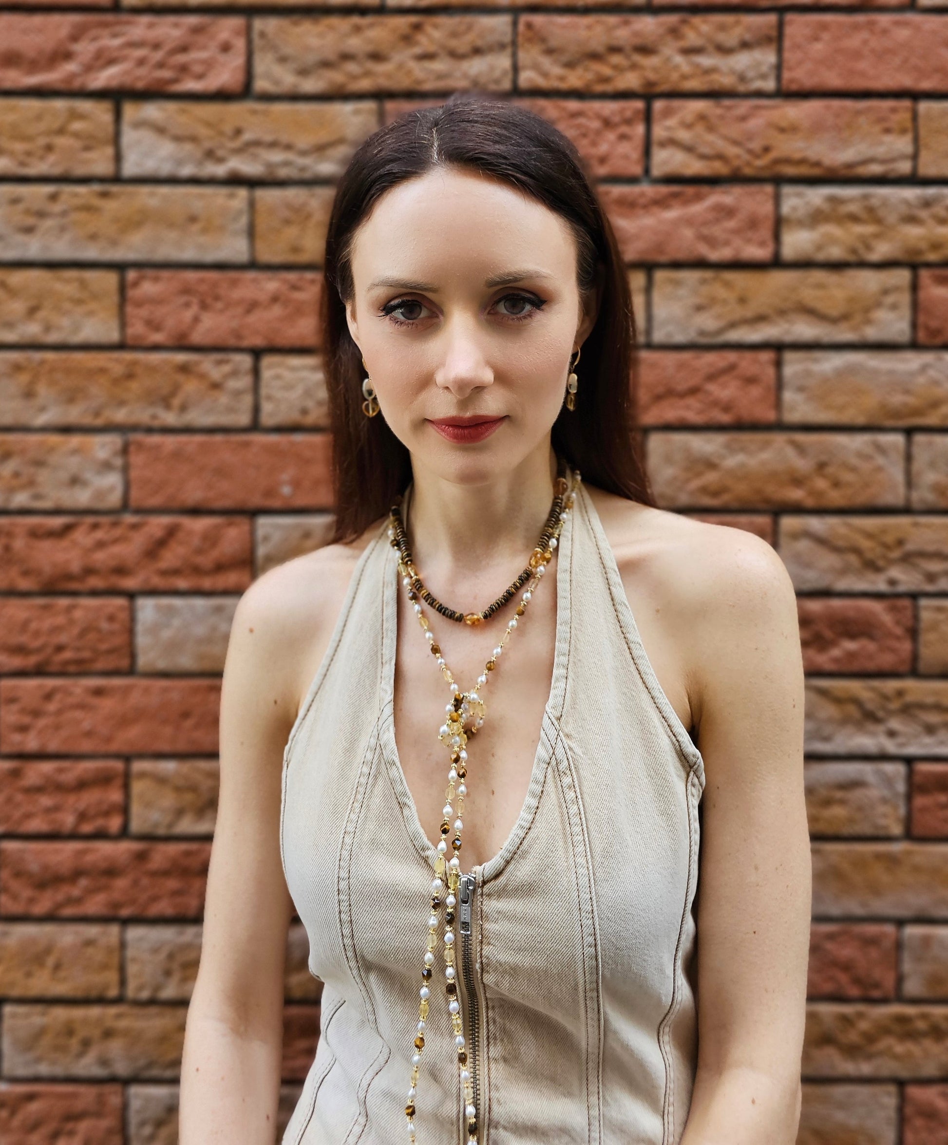 Brown Tiger-eye With Heart Shaped Citrine Short Necklace PN052-2