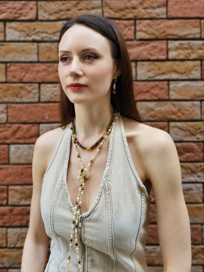 Brown Tiger-eye With Heart Shaped Citrine Short Necklace PN052-3