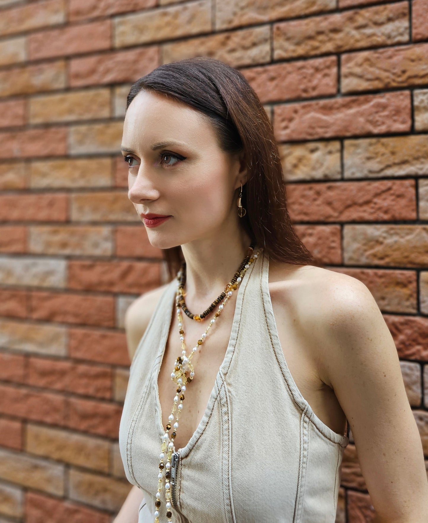 Brown Tiger-eye With Heart Shaped Citrine Short Necklace PN052-4