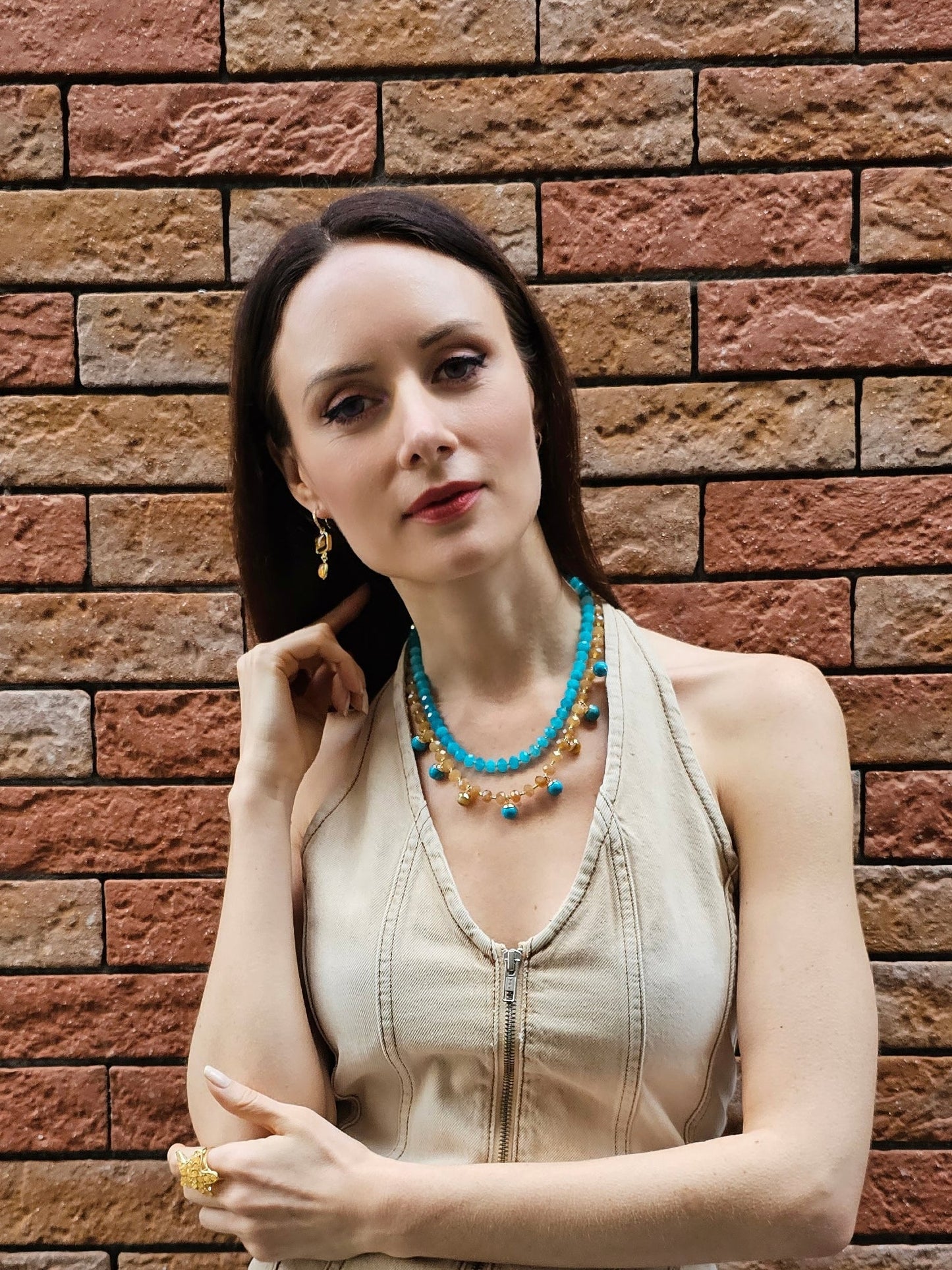 Green And Yellow Jade Double Layers Statement Necklace PN023-3