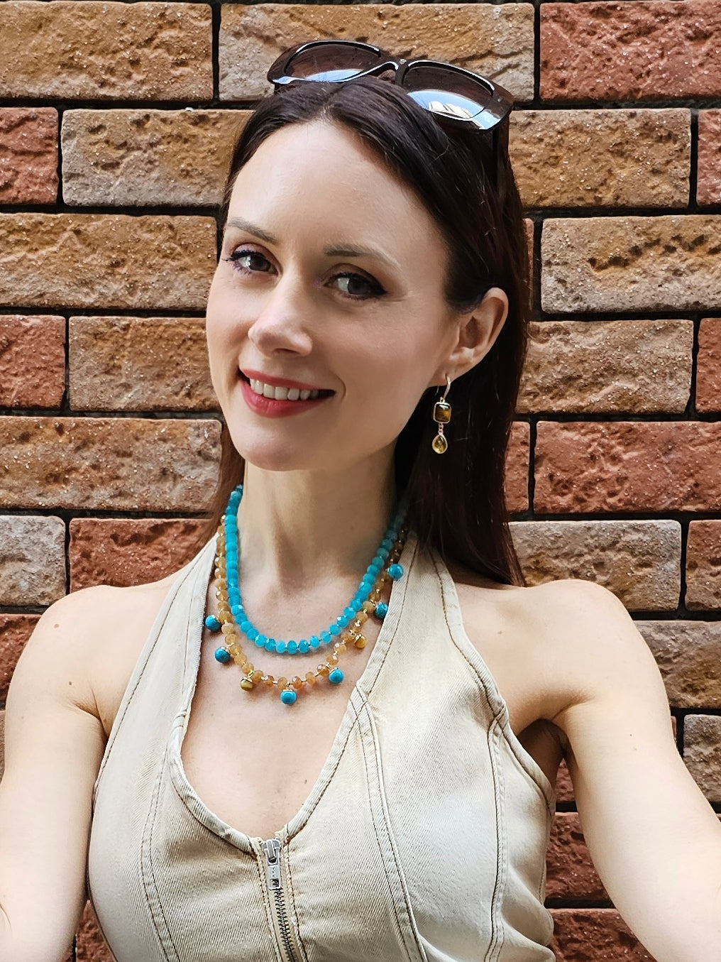 Green And Yellow Jade Double Layers Statement Necklace PN023-2