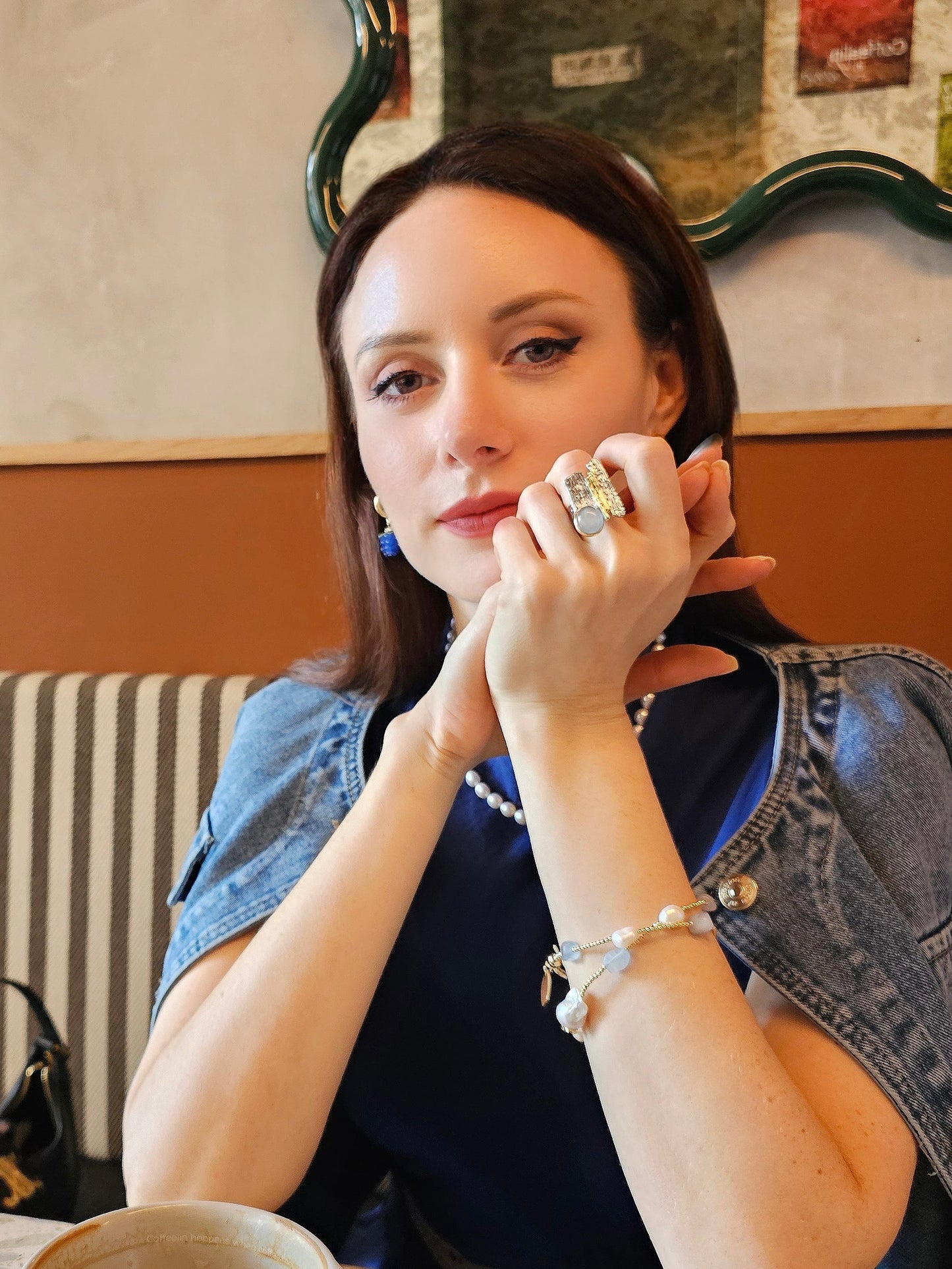 Irregular Aquamarine With Baroque Pearls Double Layers Bracelet PB010-2