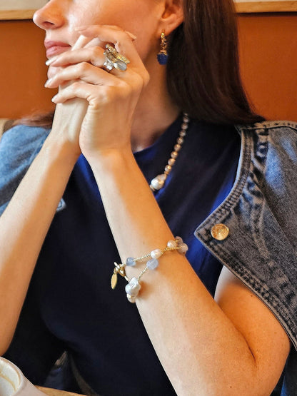 Irregular Aquamarine With Baroque Pearls Double Layers Bracelet PB010-3