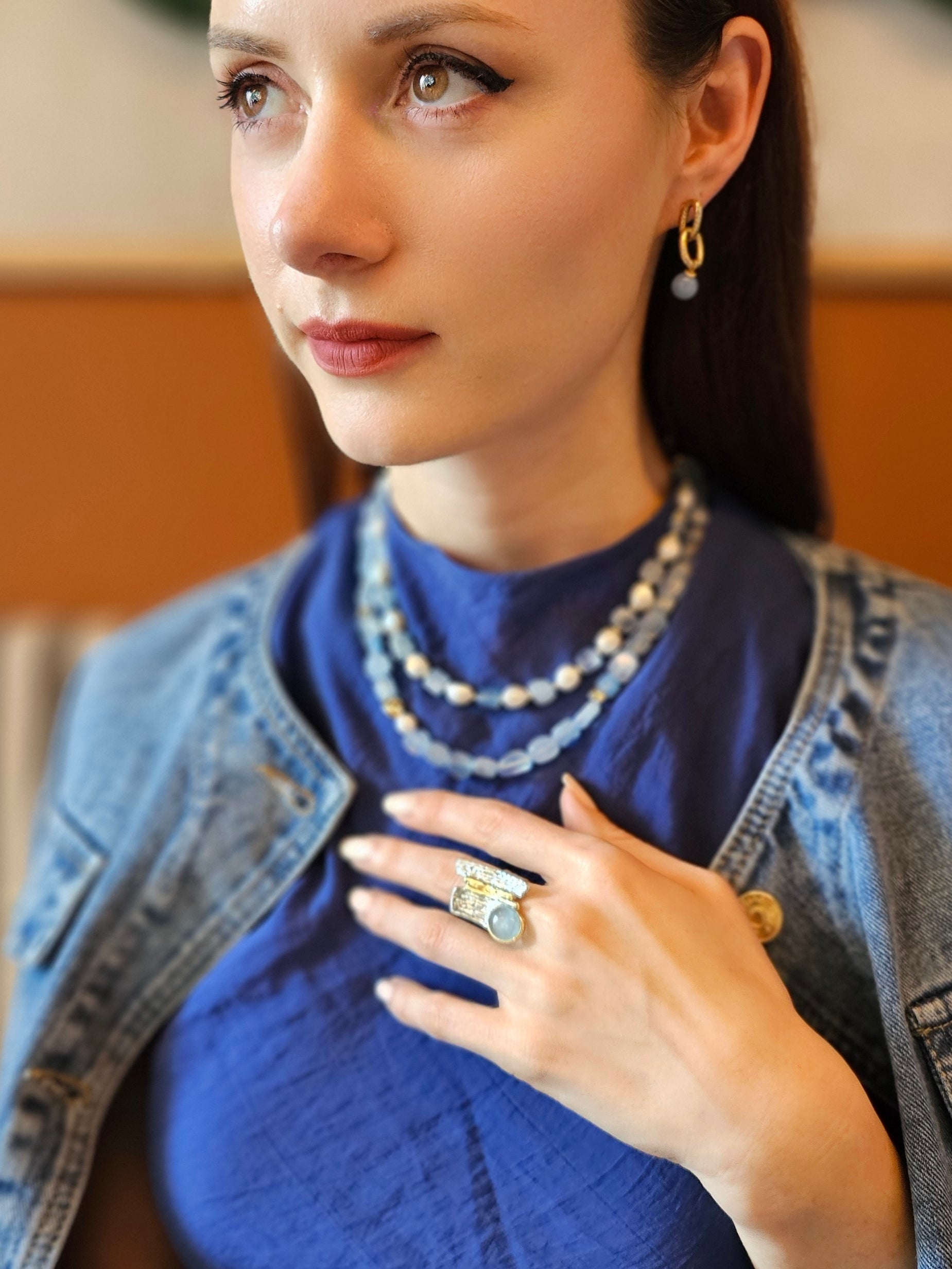 Irregular Freshwater Pearls With Aquamarine Short Necklace(PN024)-2