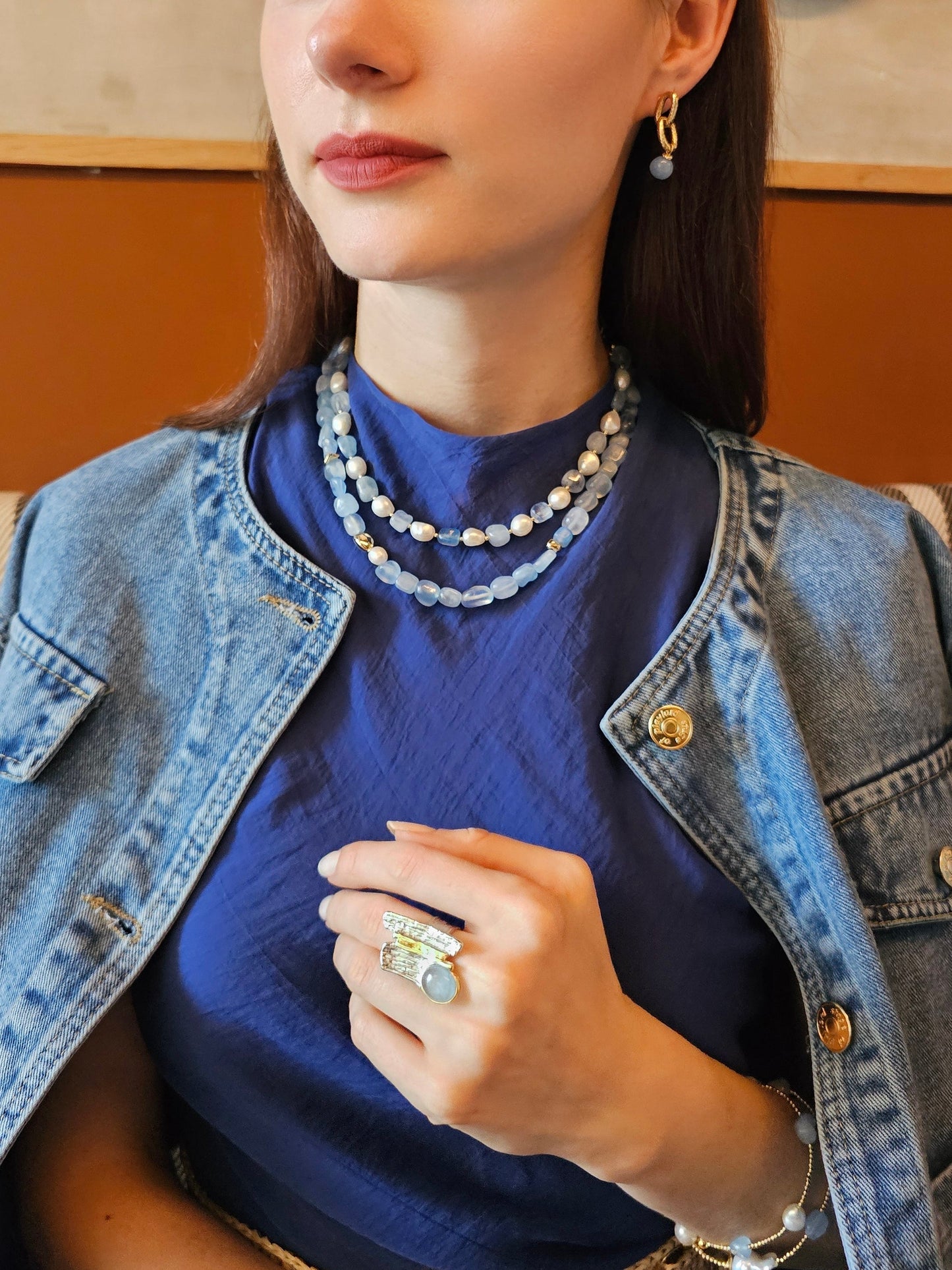 Irregular Freshwater Pearls With Aquamarine Short Necklace(PN024)-3