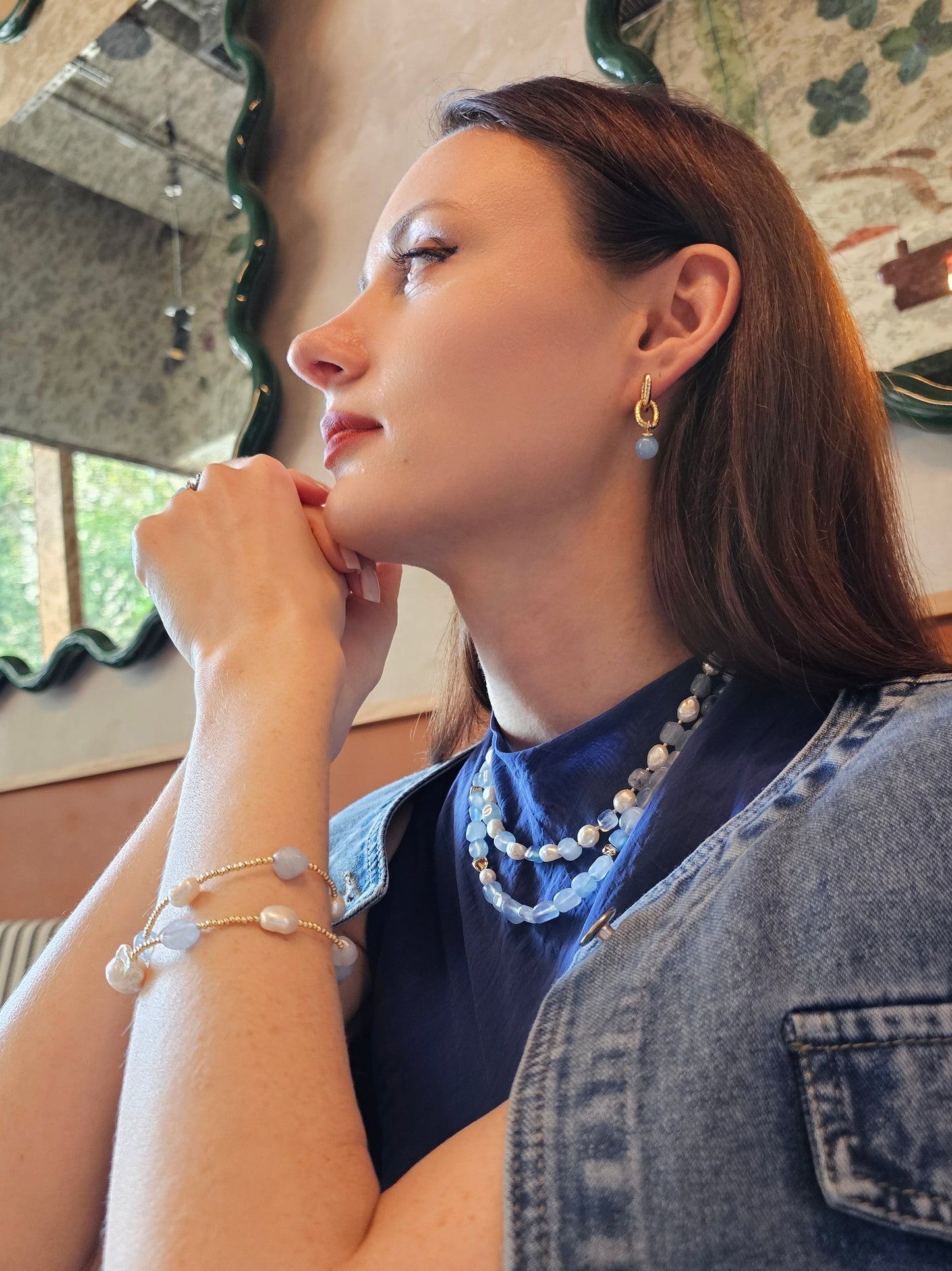 Irregular Freshwater Pearls With Aquamarine Short Necklace(PN024)-1