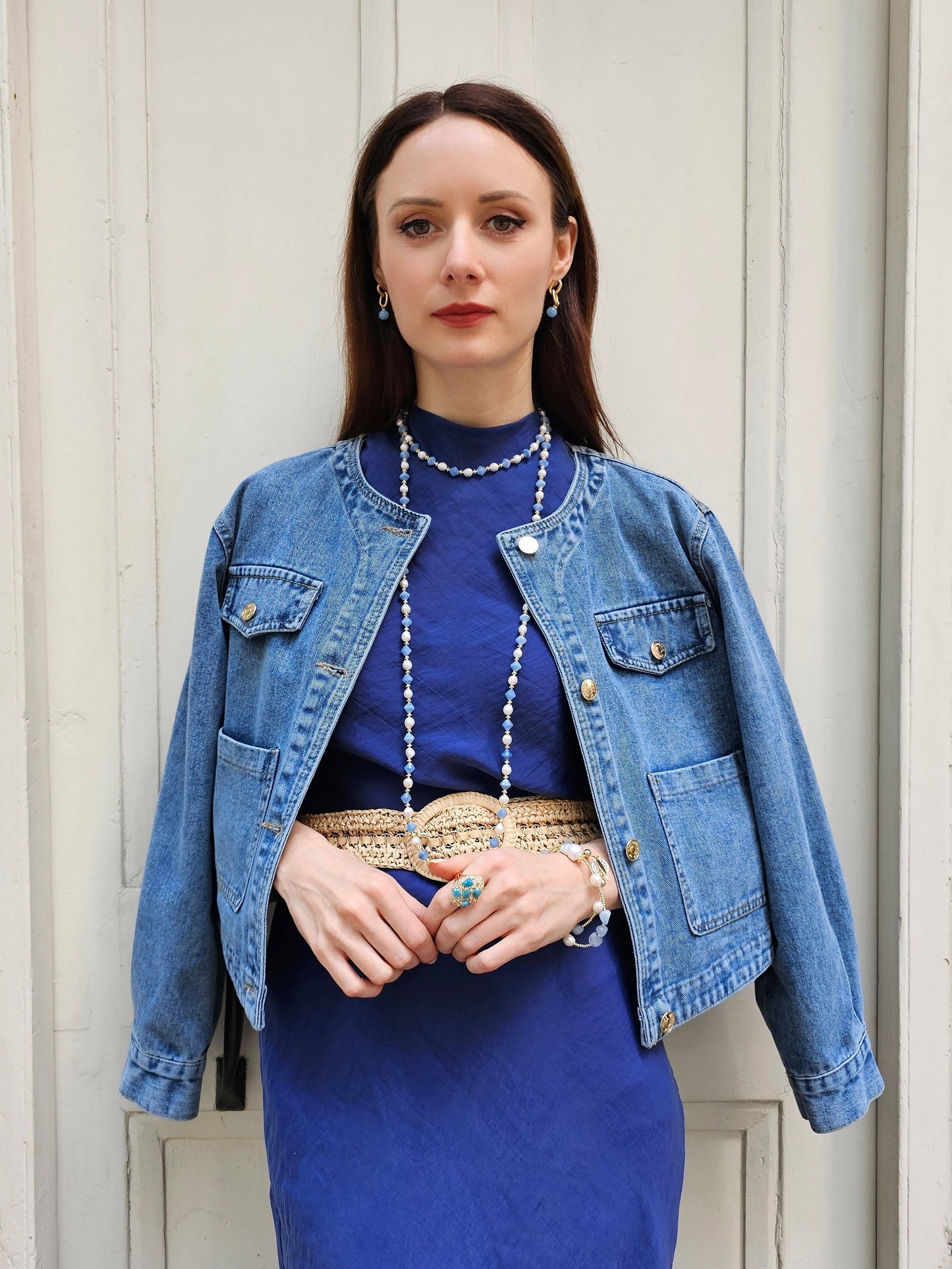 Freshwater Pearls With Blue Jade Long Necklace PN028-2