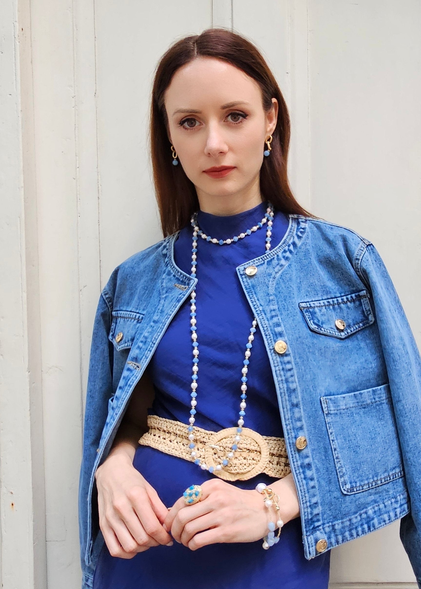 Freshwater Pearls With Blue Jade Long Necklace PN028-3