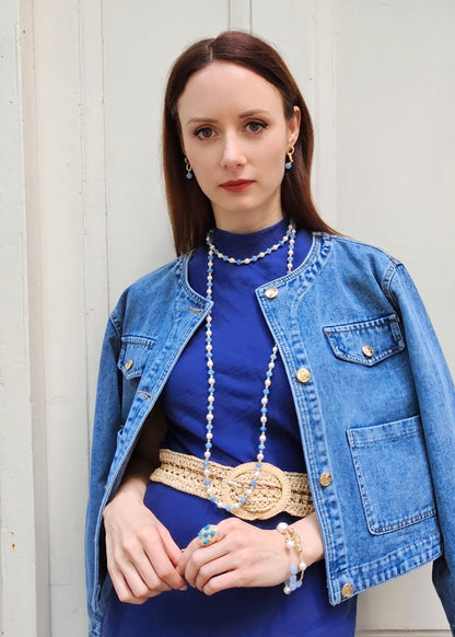 Freshwater Pearls With Blue Jade Long Necklace PN028-3