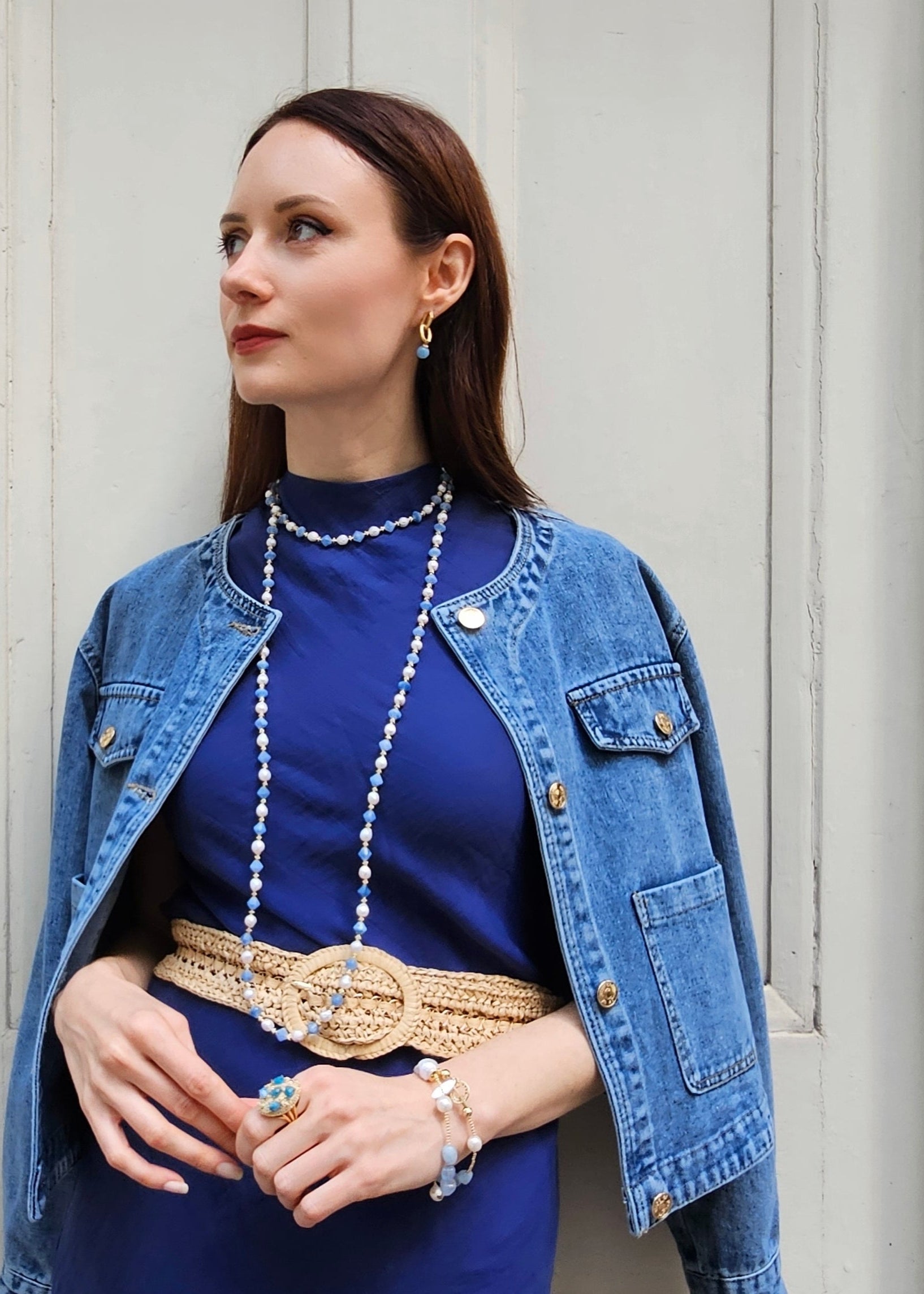 Freshwater Pearls With Blue Jade Long Necklace PN028-0