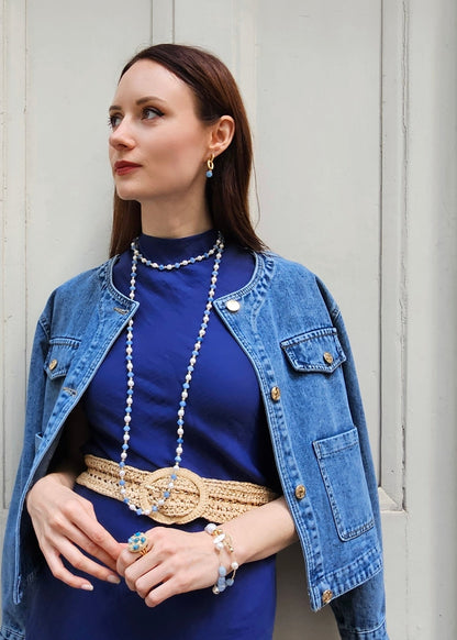 Freshwater Pearls With Blue Jade Long Necklace PN028-0