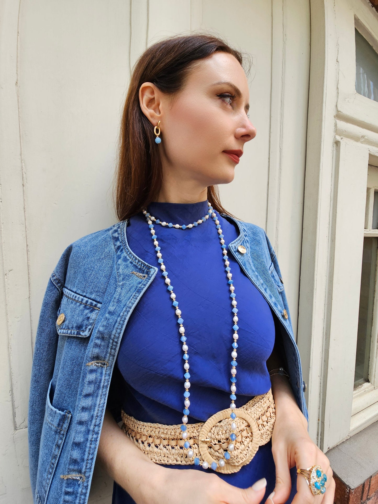 Freshwater Pearls With Blue Jade Choker Necklace PN029-1