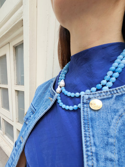 Double Layers Round Aquamarine With Baroque Pearls Necklace PN026-2