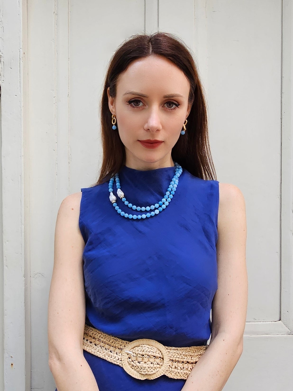 Double Layers Round Aquamarine With Baroque Pearls Necklace PN026-3