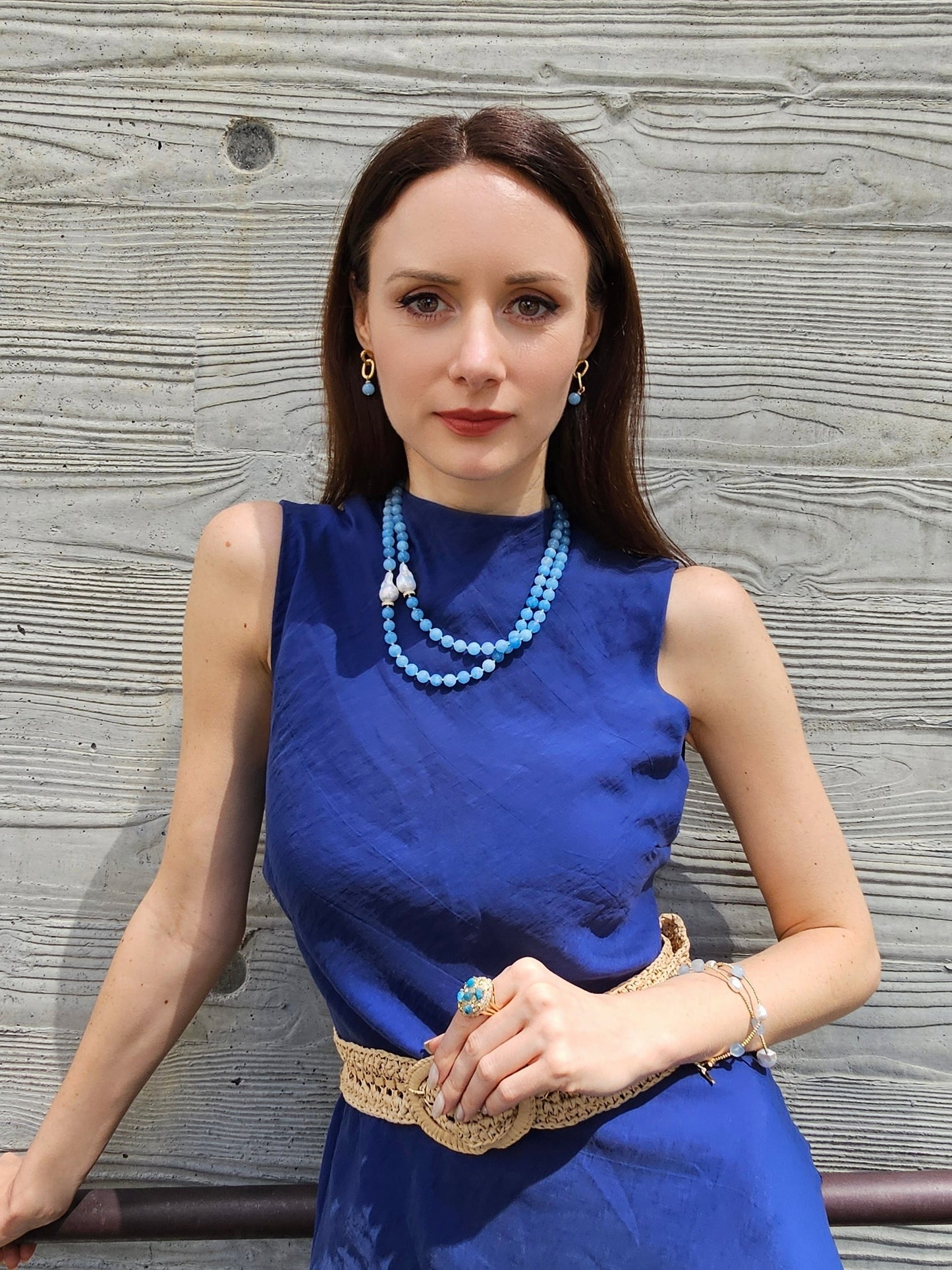 Double Layers Round Aquamarine With Baroque Pearls Necklace PN026-4