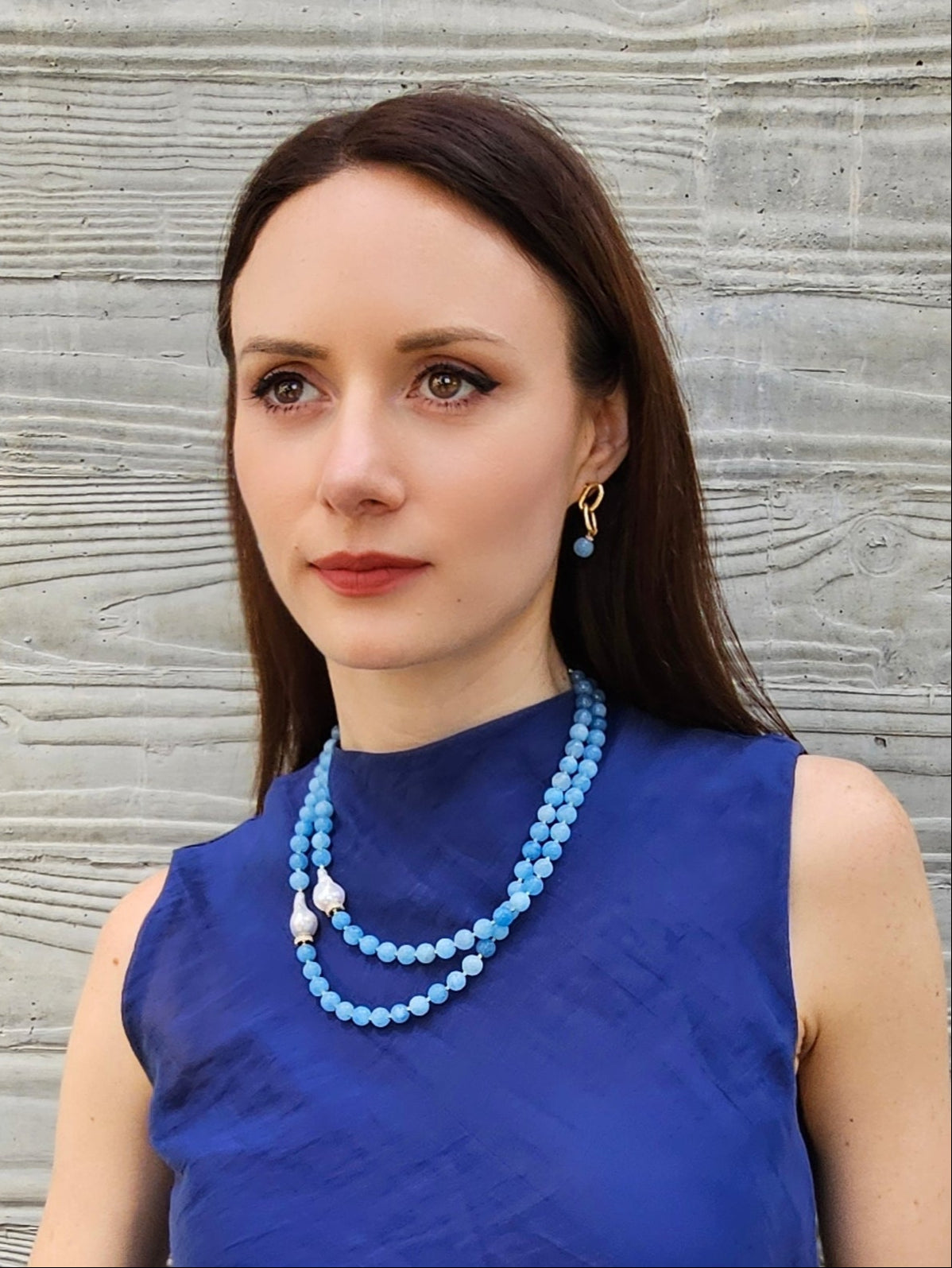 Double Layers Round Aquamarine With Baroque Pearls Necklace PN026-1