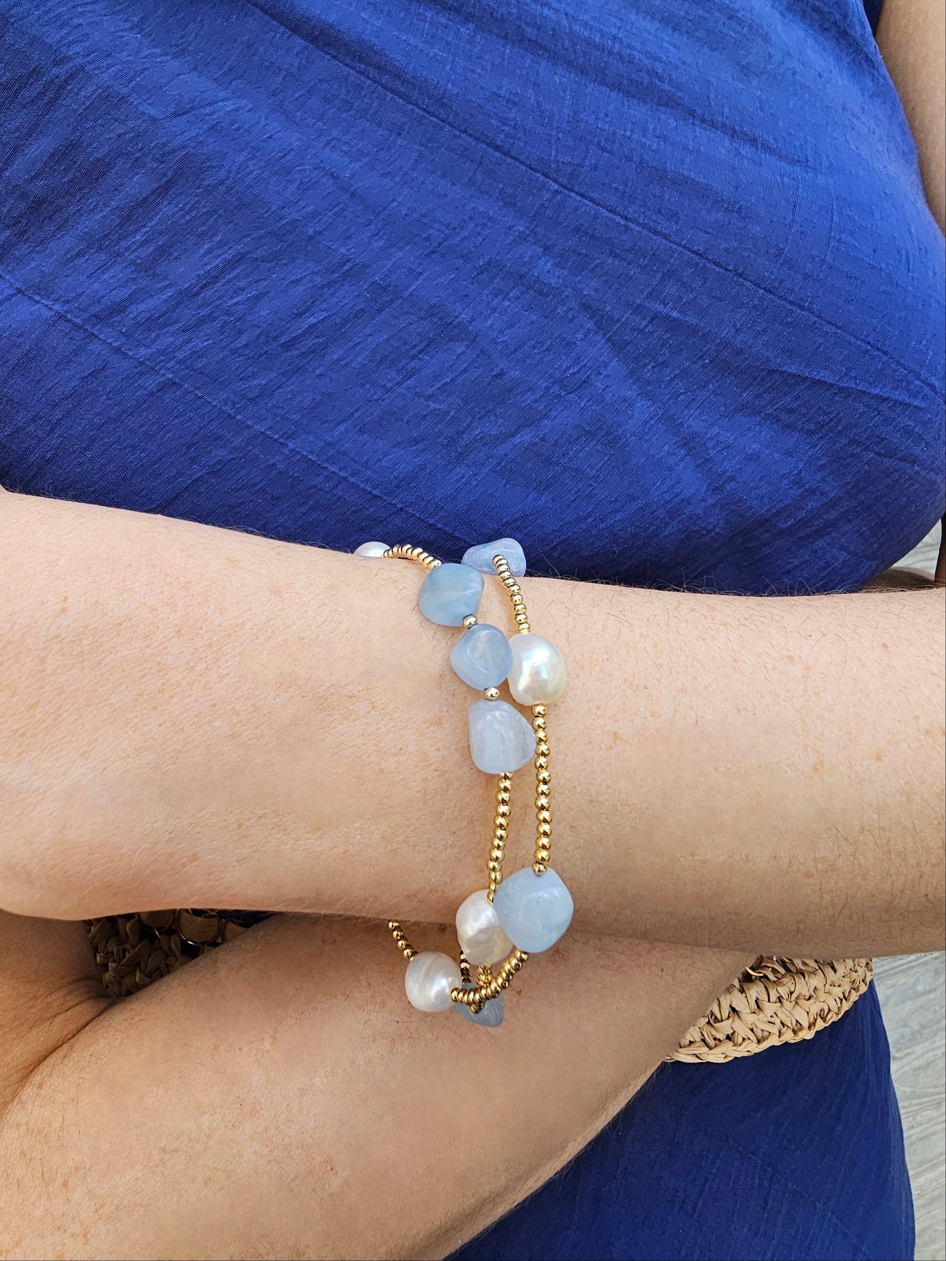Irregular Aquamarine With Baroque Pearls Double Layers Bracelet PB010-1
