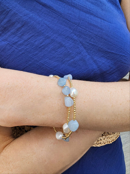 Irregular Aquamarine With Baroque Pearls Double Layers Bracelet PB010-1