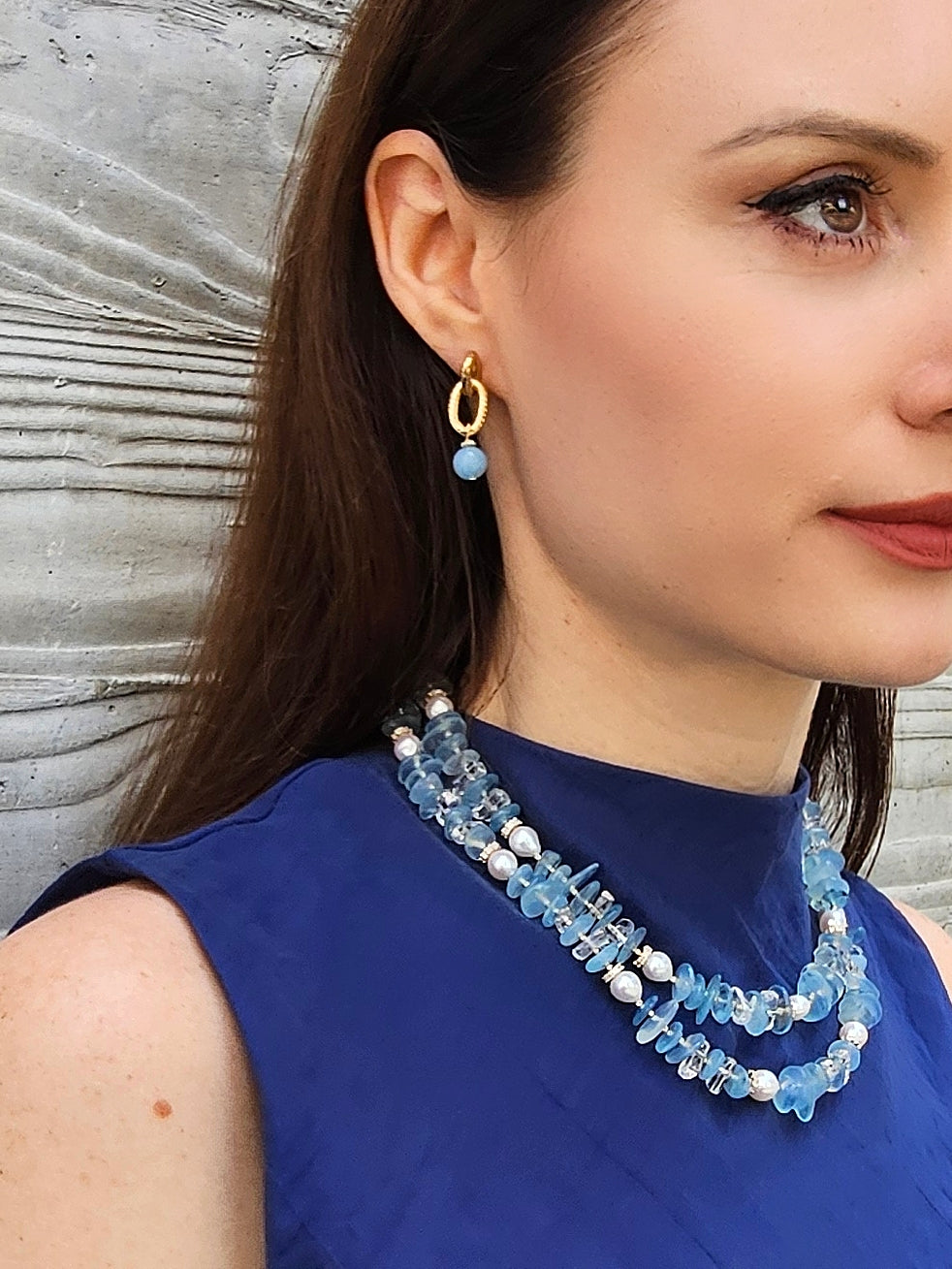 Aquamarine With Freshwater Pearls Double Layers Necklace PN025-0