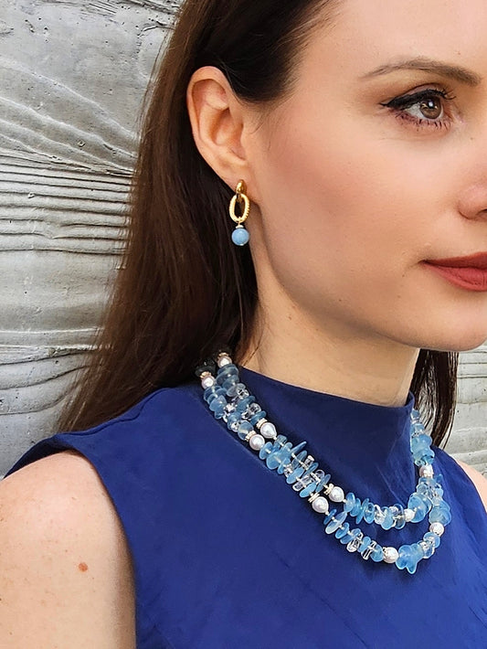 Aquamarine With Freshwater Pearls Double Layers Necklace PN025-0