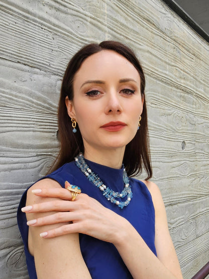 Aquamarine With Freshwater Pearls Double Layers Necklace PN025-2